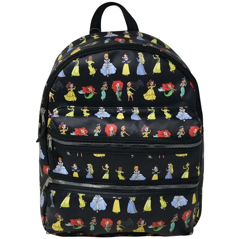 Disney Princess 16" Black PU Leather Backpack Belle Ariel Cinderella Jasmine